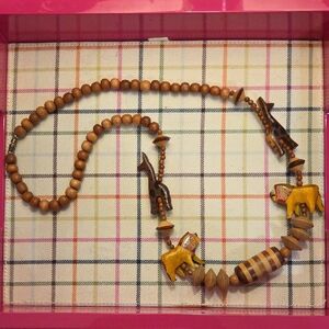 Vintage Wooden Animal Bead Necklace - Brown and Yellow